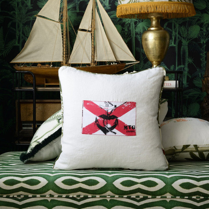 Naval Flag Ii Cushion by Mind the Gap Designer Pillow THE TROPICAL COTTAGE 100% Linen Made in United Kingdom / Romania Assorted piping 20 x 20 in - Swanky Fabrics -
