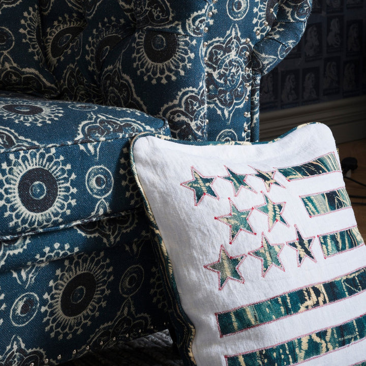STARS AND STRIPES Linen Cushion (LC40030) by Mind The Gap | LC40030 | THE HOME OF AN ECCENTRIC MAN | 20 x 20 in | Blue, Taupe, White | Fabric Carolina | https://www.fabriccarolina.com/
