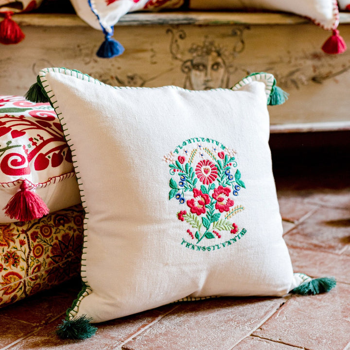 TRANSSILVANIAE FLORILEGIUM Linen Embroidered Cushion (LC40084) by Mind The Gap | LC40084 | TRANSYLVANIAN ROOTS | 20 x 20 in | Green, Red, White | Fabric Carolina | https://www.fabriccarolina.com/