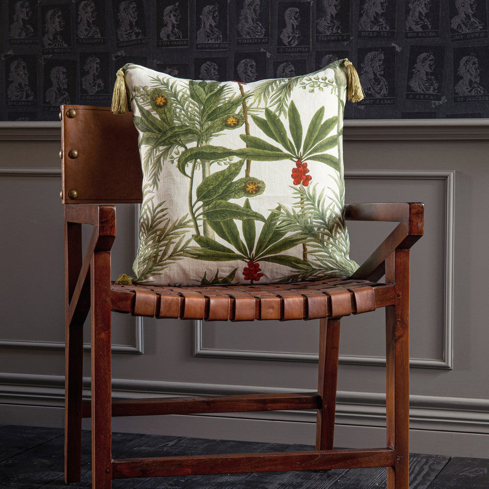 SEAFOOD BAR Cushion (LC40063) by Mind The Gap | LC40063 | THE TROPICAL COTTAGE | 20 x 20 in | Green, Orange, White | Fabric Carolina | https://www.fabriccarolina.com/