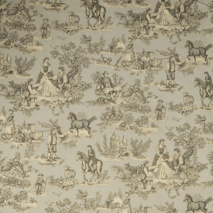Cavalier Toile Ash On Celadon 578901 by Vervain Fabric Charles Faudree Slate 100% Cotton Printed In U.S.A. Double Rubs: - Cleaning Code-S ; Exclusive Pattern H: 27.00 in (68.58 cm), V: 36.00 in (91.44 cm) 54.00 in (137.16 cm) - Fabric Carolina - Vervain