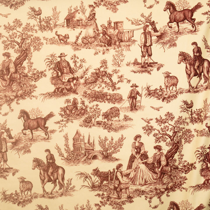 Cavalier Toile Red On Ecru 578905 by Vervain Fabric Charles Faudree Cranberry 100% Cotton Printed In U.S.A. Double Rubs: - Cleaning Code-S ; Exclusive Pattern H: 27.00 in (68.58 cm), V: 36.00 in (91.44 cm) 54.00 in (137.16 cm) - Fabric Carolina - Vervain