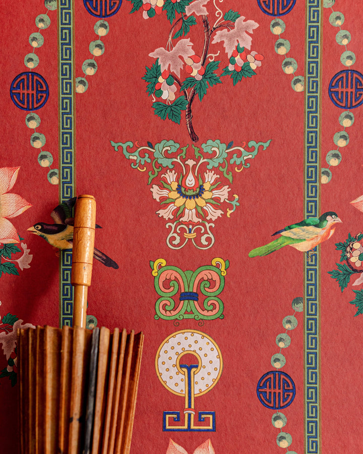 LIN YUAN Chinese Red Wallpaper (WP20587) by Mind The Gap | WP20587 | CHINESE GARDEN | 3 rolls x 52x300 cm / 20.5x118.1 in | 0.52m / 20.5in | 3m / 118in | 4.65sqm / 50sq ft | 70cm / 27.6in | Green, Yellow, Pink, Red | Non-woven Satin | Paste the wall | 3-rolls in a box | Fabric Carolina | https://www.fabriccarolina.com/