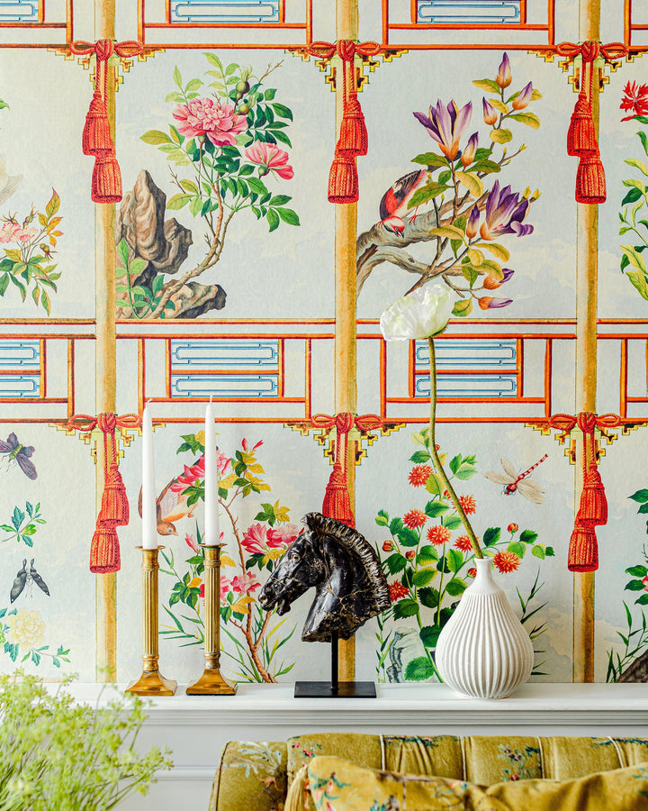 FLOWERING WALL Wallpaper (WP20585) by Mind The Gap | WP20585 | CHINESE GARDEN | 3 rolls x 52x300 cm / 20.5x118.1 in | 0.52m / 20.5in | 3m / 118in | 4.65sqm / 50sq ft | 300cm / 118in | Taupe, Blue, Green, Red | Non-woven Satin | Paste the wall | 3-rolls in a box | Fabric Carolina | https://www.fabriccarolina.com/