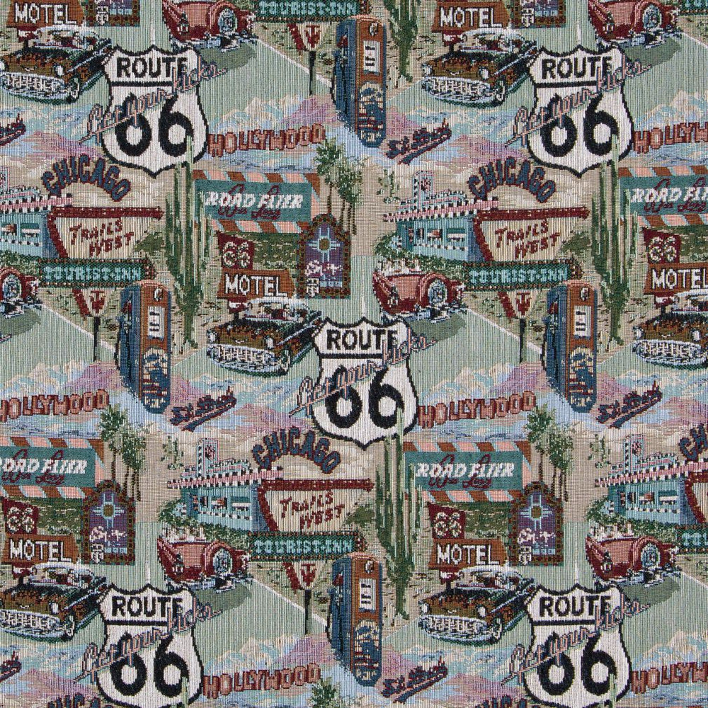 1011 Route 66 by Charlotte Fabric Themes of Tapestry II 52% Cotton, 48% Polyester Asia Exceeds 100,000 Wyzenbeek Rubs (Heavy Duty) Horizontal: 12" x Vertical: 15" 54 Inches - Fabric Carolina -