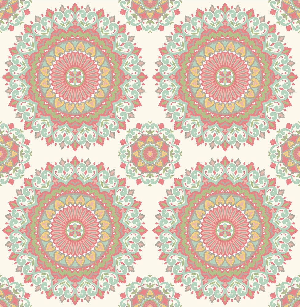 Gemma Aqua Boho Medallion Wallpaper by A-Street Prints Kismet Covers about 56.4 square feet 20.5-in by 33-ft long roll Unpasted 10.5 - Fabric Carolina -