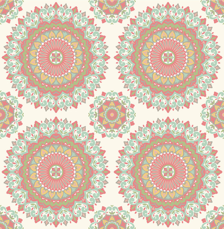 Gemma Aqua Boho Medallion Wallpaper by A-Street Prints Kismet Covers about 56.4 square feet 20.5-in by 33-ft long roll Unpasted 10.5 - Fabric Carolina -