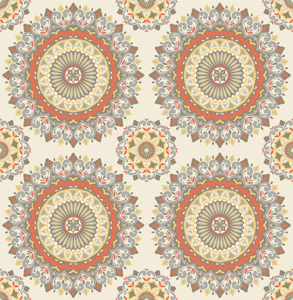 Gemma Coral Boho Medallion Wallpaper by A-Street Prints Kismet Covers about 56.4 square feet 20.5-in by 33-ft long roll Unpasted 10.5 - Fabric Carolina -