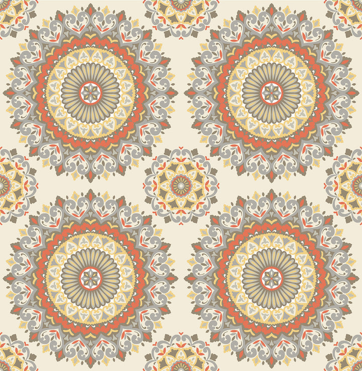 Gemma Coral Boho Medallion Wallpaper by A-Street Prints Kismet Covers about 56.4 square feet 20.5-in by 33-ft long roll Unpasted 10.5 - Fabric Carolina -