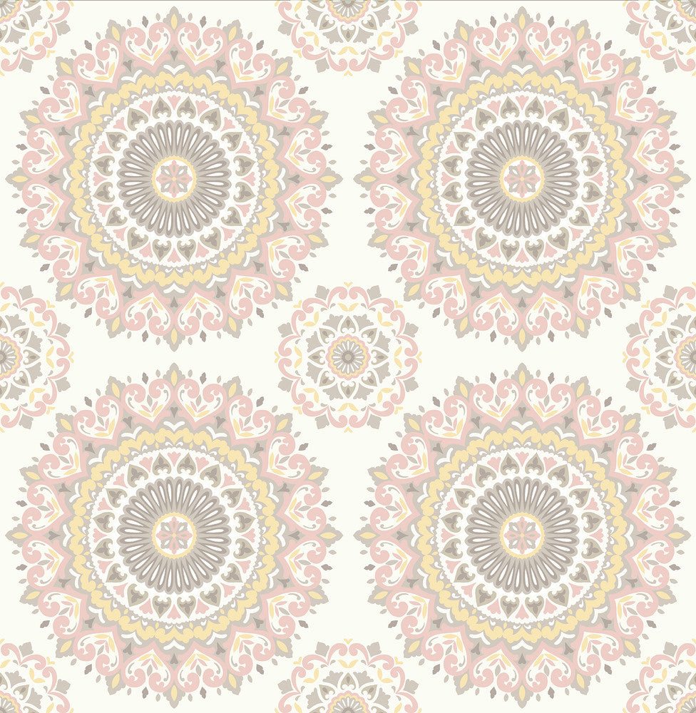 Gemma Light Pink Boho Medallion Wallpaper by A-Street Prints Kismet Covers about 56.4 square feet 20.5-in by 33-ft long roll Unpasted 10.5 - Fabric Carolina -