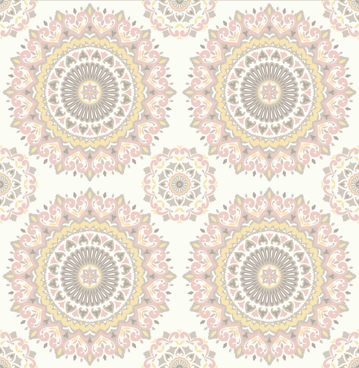 Gemma Light Pink Boho Medallion Wallpaper by A-Street Prints Kismet Covers about 56.4 square feet 20.5-in by 33-ft long roll Unpasted 10.5 - Fabric Carolina -