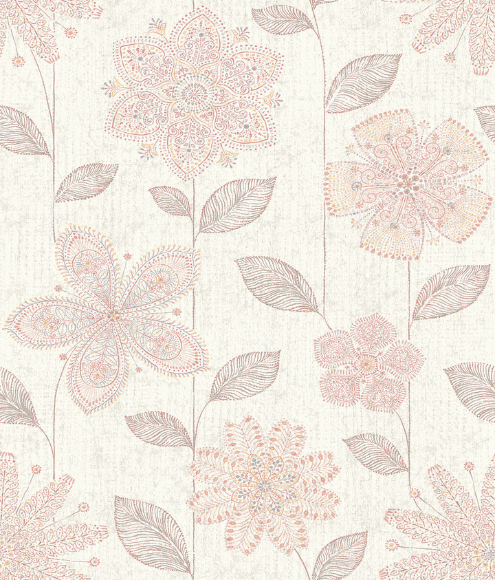 Maisie Pink Batik Flower Wallpaper by A-Street Prints Kismet Covers about 56.4 square feet 20.5-in by 33-ft long roll Unpasted 24 - Fabric Carolina -