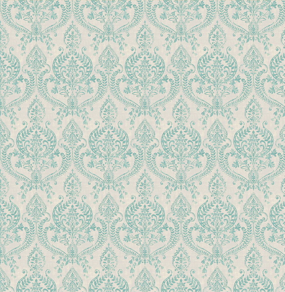Waverly Turquoise Petite Damask Wallpaper by A-Street Prints Kismet Covers about 56.4 square feet 20.5-in by 33-ft long roll Unpasted 10.5 - Fabric Carolina -