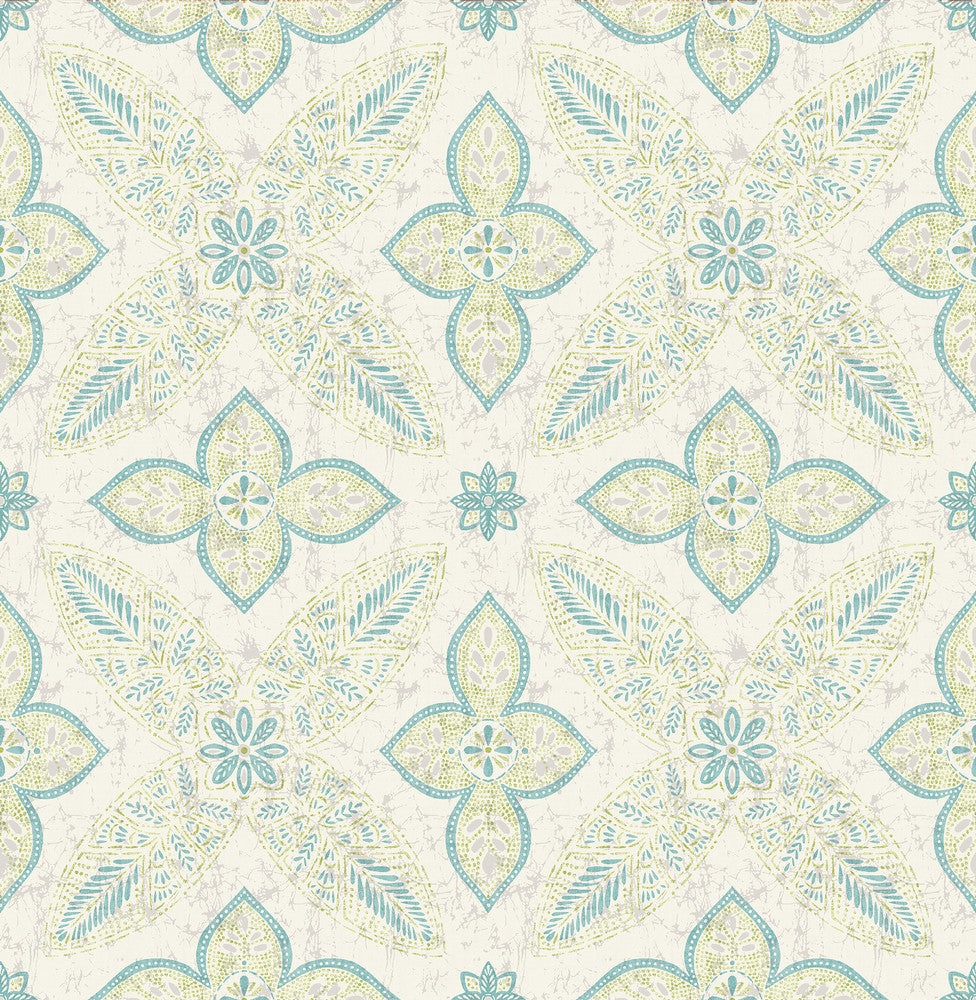 Off Beat Ethnic Turquoise Geometric Floral Wallpaper by A-Street Prints Kismet Covers about 56.4 square feet 20.5-in by 33-ft long roll Unpasted 10.5 - Fabric Carolina -