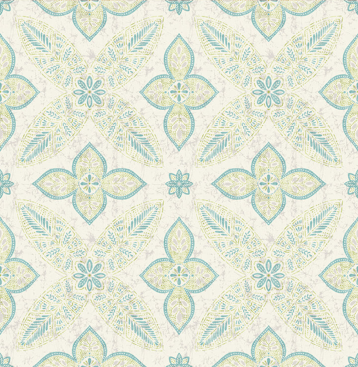 Off Beat Ethnic Turquoise Geometric Floral Wallpaper by A-Street Prints Kismet Covers about 56.4 square feet 20.5-in by 33-ft long roll Unpasted 10.5 - Fabric Carolina -