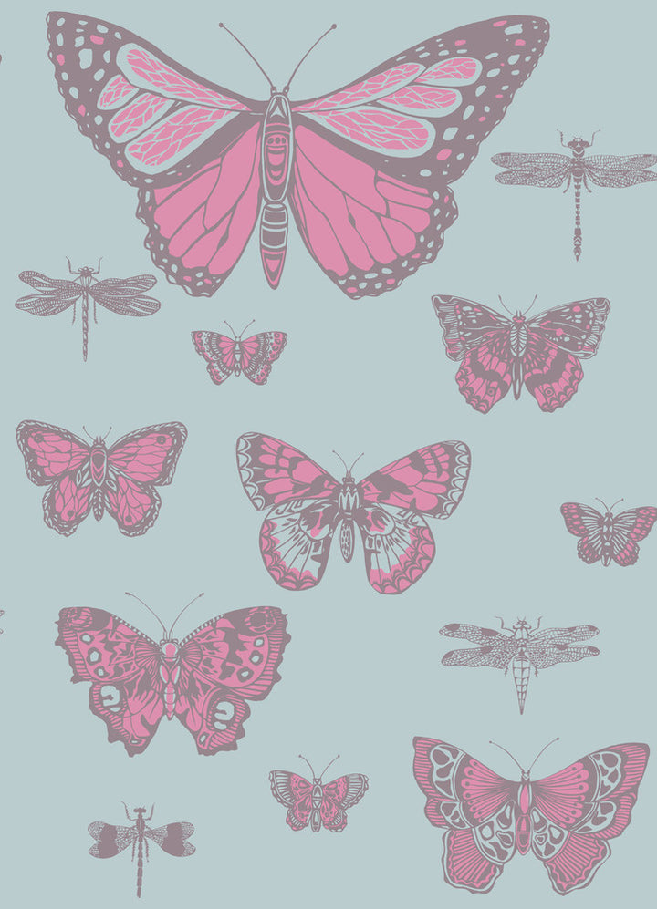 Butterflies & Dragonflies Pink On Blue by Cole & Son Wallcovering