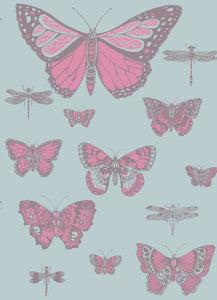 Butterflies & Dragonflies Pink On Blue by Cole & Son Wallcovering