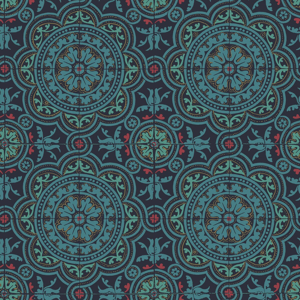 Piccadilly Petrol/Red/Metallic Gold On Ink by Cole & Son Designer Wallcovering COLE & SON SEVILLE NON WOVEN - 100% United Kingdom Horizontal: 20.8 and Vertical: 20.8 20.8 - Swanky Fabrics -