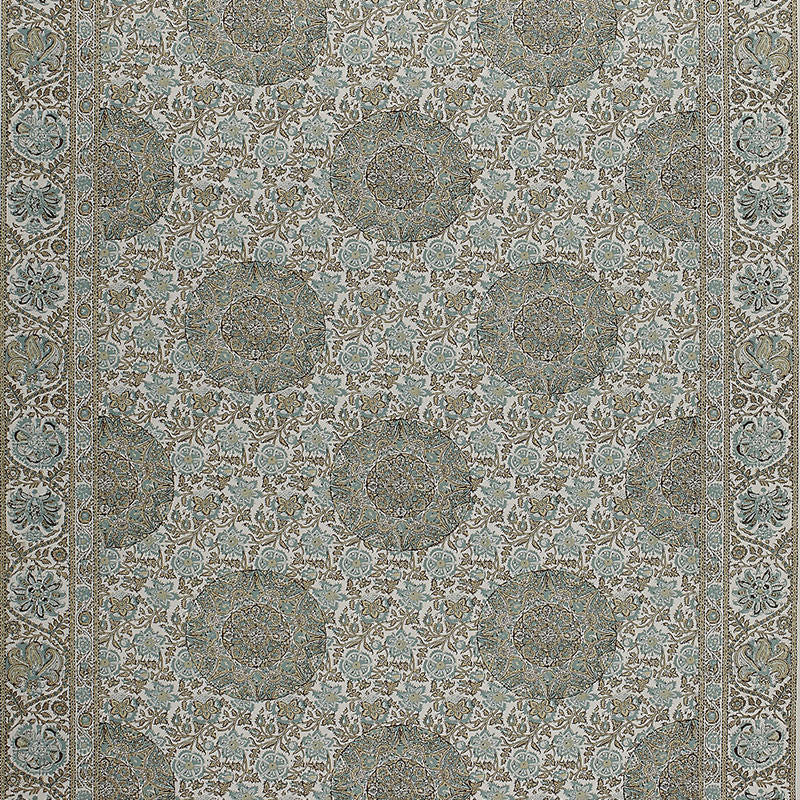 Kaya Medallion Mineral 1296002 by Schumacher Designer Fabric A PASSAGE TO INDIA PRINTS See Sample FRANCE NOT APPLICABLE </p><p>Repeat: Horizontal: 70" (178CM) and Vertical: 27" (69CM) 70" WIDE (178CM) - Swanky Fabrics -
