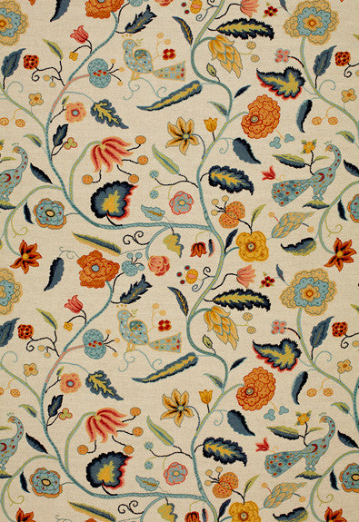 Apsley Vine Apricot & Teal 1307000 by Schumacher Fabric Classic-Prints 52% Linen, 48% Cotton - Horizontal: 27 and Vertical: 25.25 54 - Fabric Carolina -