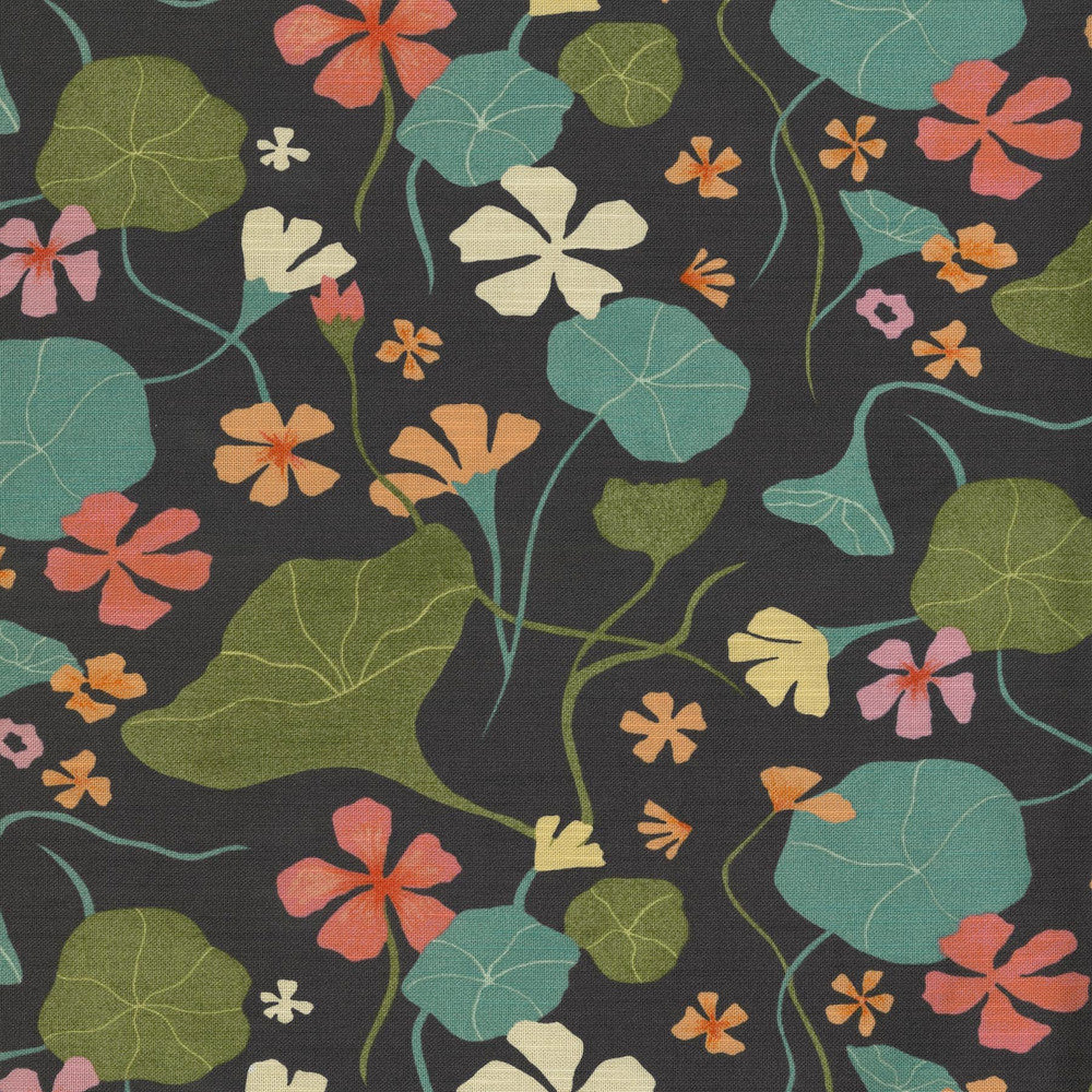 Nasturtiums Coal 140052 by Elana Gabrielle Fabric - 100% cotton, China 24000 Horizontal: 13.5 and Vertical: 13.5 54/55 - Fabric Carolina -