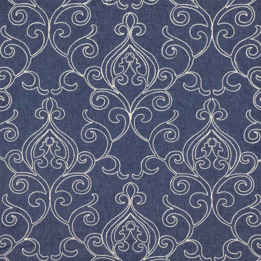 Arcadia Scroll Denim by RM CoCo Fabric Inspired Living Vol 16 72% Polyester 21% Cotton 7% Linen See Sample 0 Horizontal: 17.2518.75 54  - Fabric Carolina -