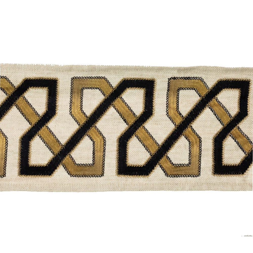 BD113 5" Border Black Gold by RM CoCo Trim Artisano Collection Trim Book Base: 100% Linen Embroidery: 100% Rayon See Sample 0 Horizontal: 5 and Vertical: 3.95 5 - Fabric Carolina -