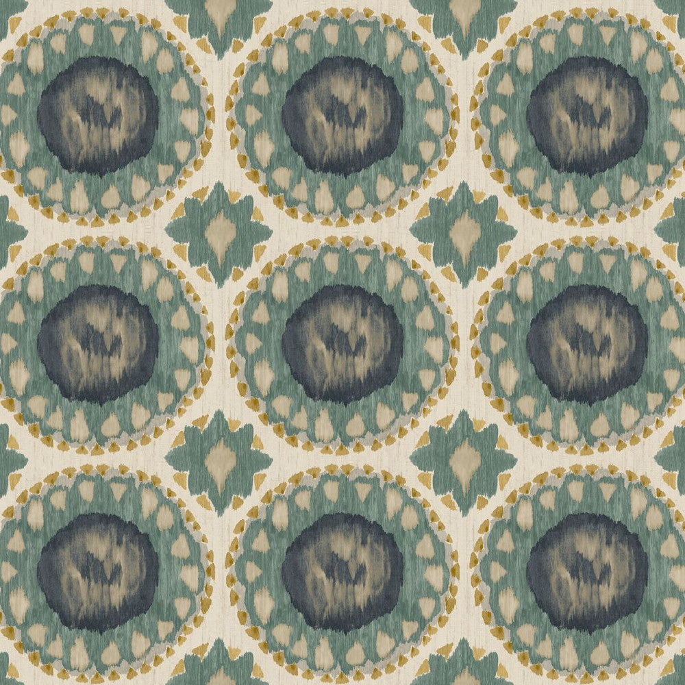 Toltec Medallion Blue Spruce by RM CoCo Fabric Painter's Palette Cerulean Blue to Viridian Green 100% Cotton See Sample 30000 Horizontal: 9 and Vertical: 8.4 55.5 - Fabric Carolina -