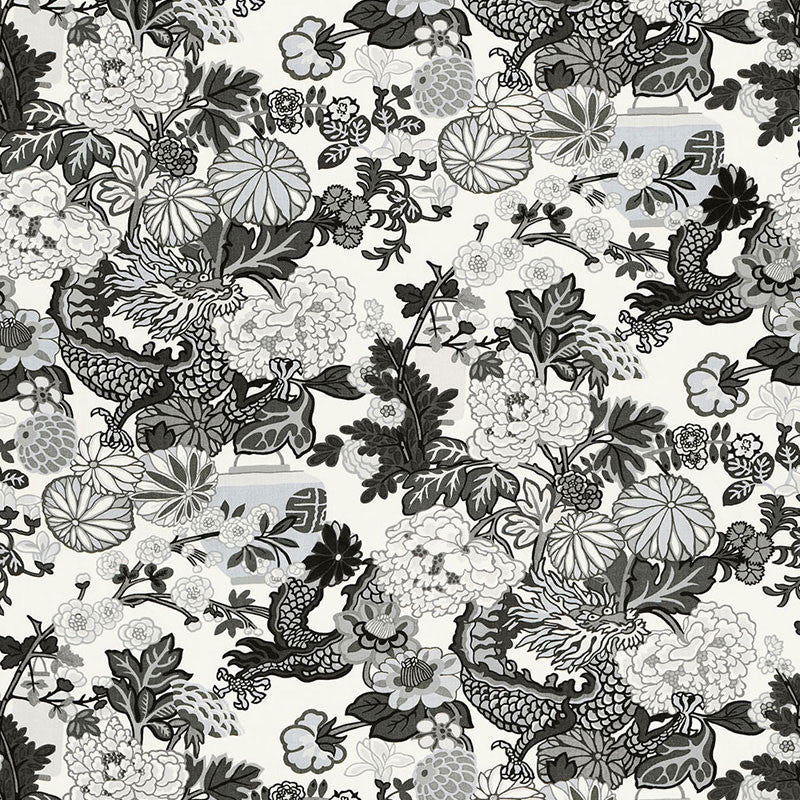 Chiang Mai Dragon Smoke 173276 by Schumacher Designer Fabric PRINT HAPPY See Sample UNITED KINGDOM - </p><p>Repeat: Horizontal: 27" (69CM) and Vertical: 45 1/2" (116CM) 54" (137CM) - Swanky Fabrics -