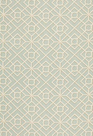 Luan Fretwork Sky 173491 by Schumacher Fabric COLLECTION-NAME-TBA-173490 100% Linen Martindale 7,000 Horizontal: 9 and Vertical: 9 54 - Fabric Carolina -