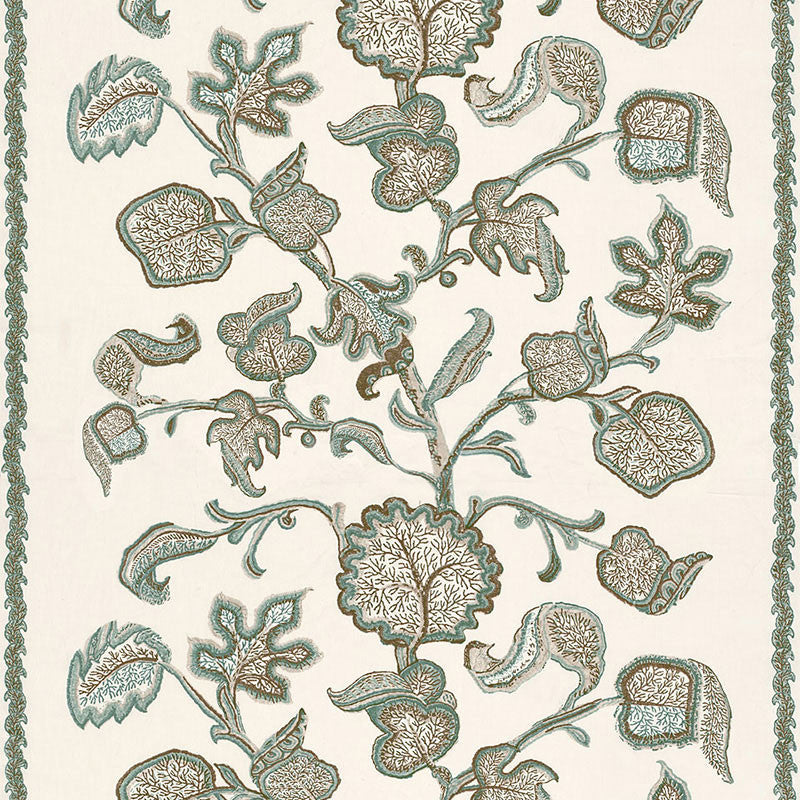Palampore Block Print Teal 173612 by Schumacher Designer Fabric CLASSIC PRINTS See Sample INDIA . </p><p>Repeat: Horizontal: 51 1/2" (131CM) and Vertical: 38 3/4" (98CM) 54" WIDE (137CM) - Swanky Fabrics -