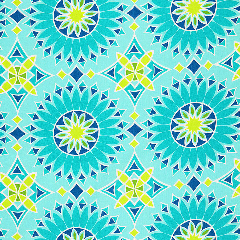 Soleil L.A. Print Aqua 174730 by Schumacher Fabric TRINA TURK See Sample UNITED STATES OF AMERICA MEDIUM DUTY </p><p>Repeat: Horizontal: 13 1/2" (34CM) and Vertical: 13 1/2" (34CM) 54" WIDE (137CM) - Fabric Carolina -