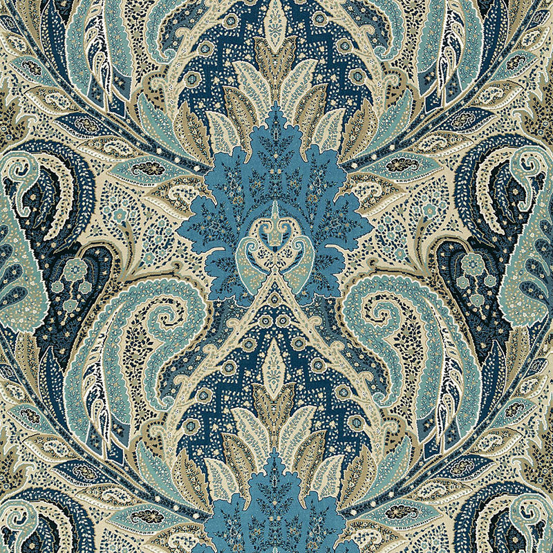 Cambay Paisley Print Azure 174883 by Schumacher Designer Fabric CLASSIC PRINTS See Sample UNITED KINGDOM HEAVY DUTY </p><p>Repeat: Horizontal: 54 1/2" (138CM) and Vertical: 33 3/4" (86CM) 54 1/2" WIDE (138CM) - Swanky Fabrics -