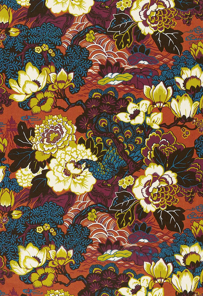 Shanghai Peacock Cinnabar 175132 by Schumacher Fabric Exuberant-Prints 100% Linen - Horizontal: 26.25 and Vertical: 22.5 52.5 - Fabric Carolina -