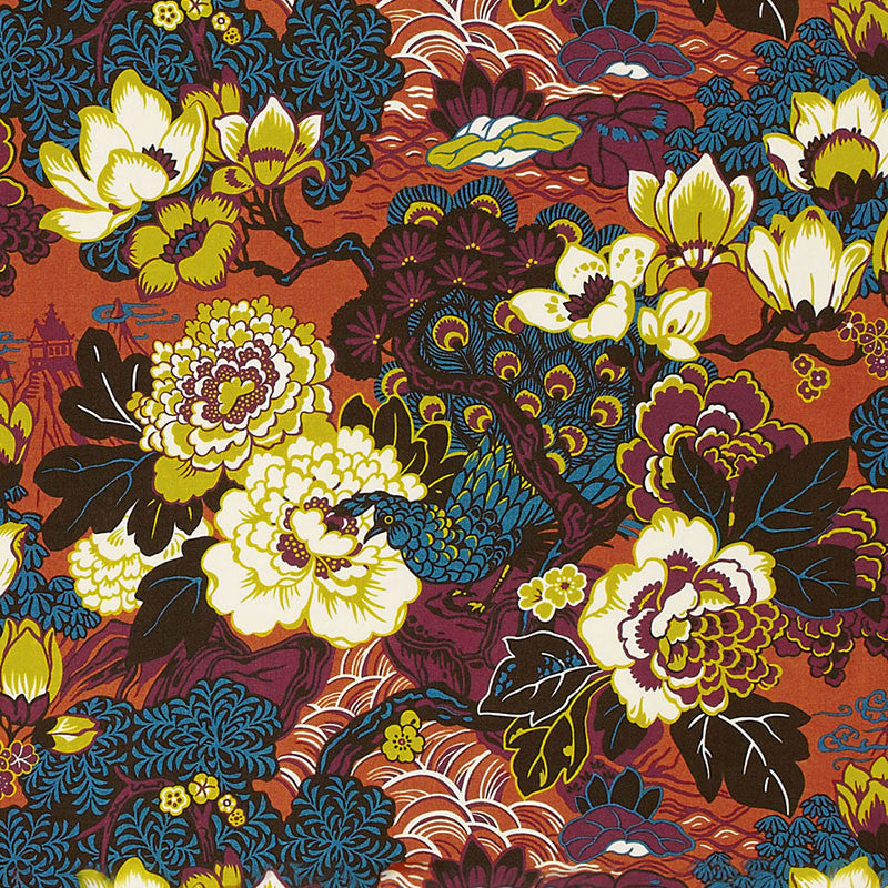Shanghai Peacock Cinnabar 175132 by Schumacher Fabric PRINT HAPPY See Sample SWITZERLAND MEDIUM DUTY </p><p>Repeat: Horizontal: 26 1/4" (67CM) and Vertical: 22 1/2" (57CM) 52 1/2" WIDE (133CM) - Fabric Carolina -