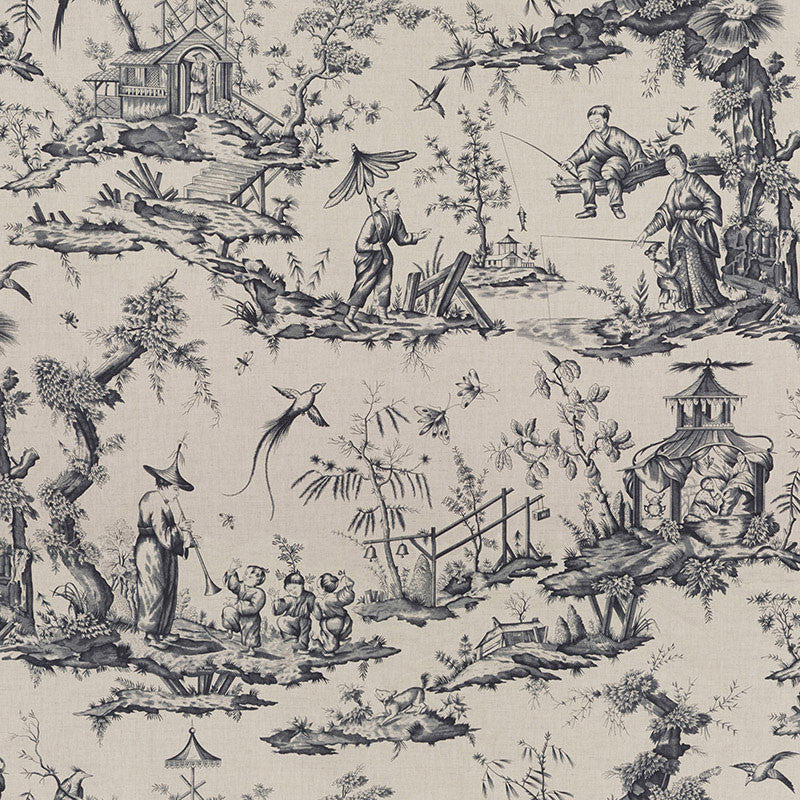 Shengyou Toile Charcoal 175803 by Schumacher Designer Fabric SCHUMACHER CLASSICS LINEN 57% COTTON 43% FRANCE </p><p>Repeat: Horizontal: 44" (112CM) and Vertical: 47" (119CM) 44 - Swanky Fabrics -
