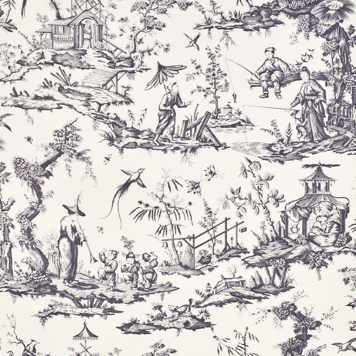 Shengyou Toile Black 175806 by Schumacher Designer Fabric REVISIT OF POPULAR PATTERNS LINEN 57% COTTON 43% FRANCE MARTINDALE 15,000 </p><p>Repeat: Horizontal: 44" (112CM) and Vertical: 47" (119CM) 44 - Swanky Fabrics -