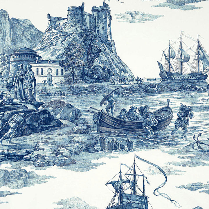 Marine Toile Indigo 176161 by Schumacher Designer Fabric MARINE TOILE See Sample SWITZERLAND MEDIUM DUTY </p><p>Repeat: Horizontal: 38" (97CM) and Vertical: 75" (191CM) 53" (135CM) - Swanky Fabrics -