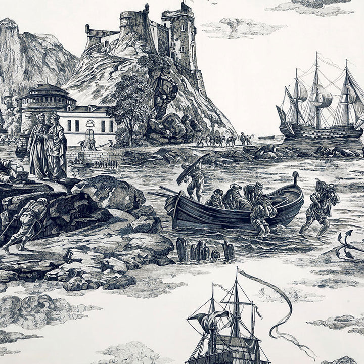 Marine Toile Black 176162 by Schumacher Fabric MARINE TOILE See Sample SWITZERLAND MEDIUM DUTY </p><p>Repeat: Horizontal: 38" (97CM) and Vertical: 75" (191CM) 53" (135CM) - Fabric Carolina -