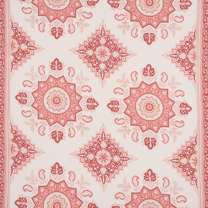 Montecito Medallion Faded Red 176483 by Schumacher Designer Fabric MARK D SIKES LINEN 100% CHINA WYZENBEEK 15,000 </p><p>Repeat: Horizontal: 54" (137CM) and Vertical: 25 1/4" (64CM) 54 - Swanky Fabrics -