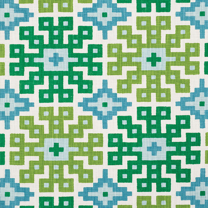 Palmetto Print Lagoon 177450 by Schumacher Designer Fabric HAPPY TOGETHER See Sample ISRAEL - </p><p>Repeat: Horizontal: 26 3/4" (68CM) and Vertical: 25 1/4" (64CM) 54" (137CM) - Swanky Fabrics -
