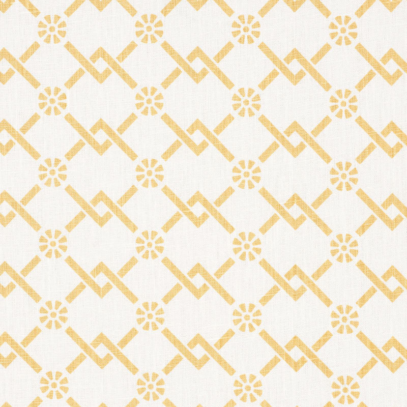 Fretwork Flower Saffron 178311 by Schumacher Designer Fabric TIMOTHY CORRIGAN See Sample UNITED STATES OF AMERICA MEDIUM DURABILITY </p><p>Repeat: Horizontal: 2 3/4" (7CM) and Vertical: 1 7/8" (5CM) 54" (137CM) - Swanky Fabrics -