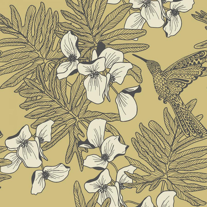 Hummingbird (Wp) # 01 Mustard by 1838 Wallcoverings Designer Wallpaper Aurora STRAIGHT PASTE THE WALL UNITED KINGDOM V-21" 20.5"X11YD - Swanky Fabrics -