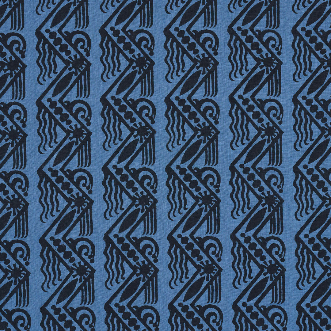 Venetian Zig Zag Block Print - Black On Blue by Schumacher Fabric