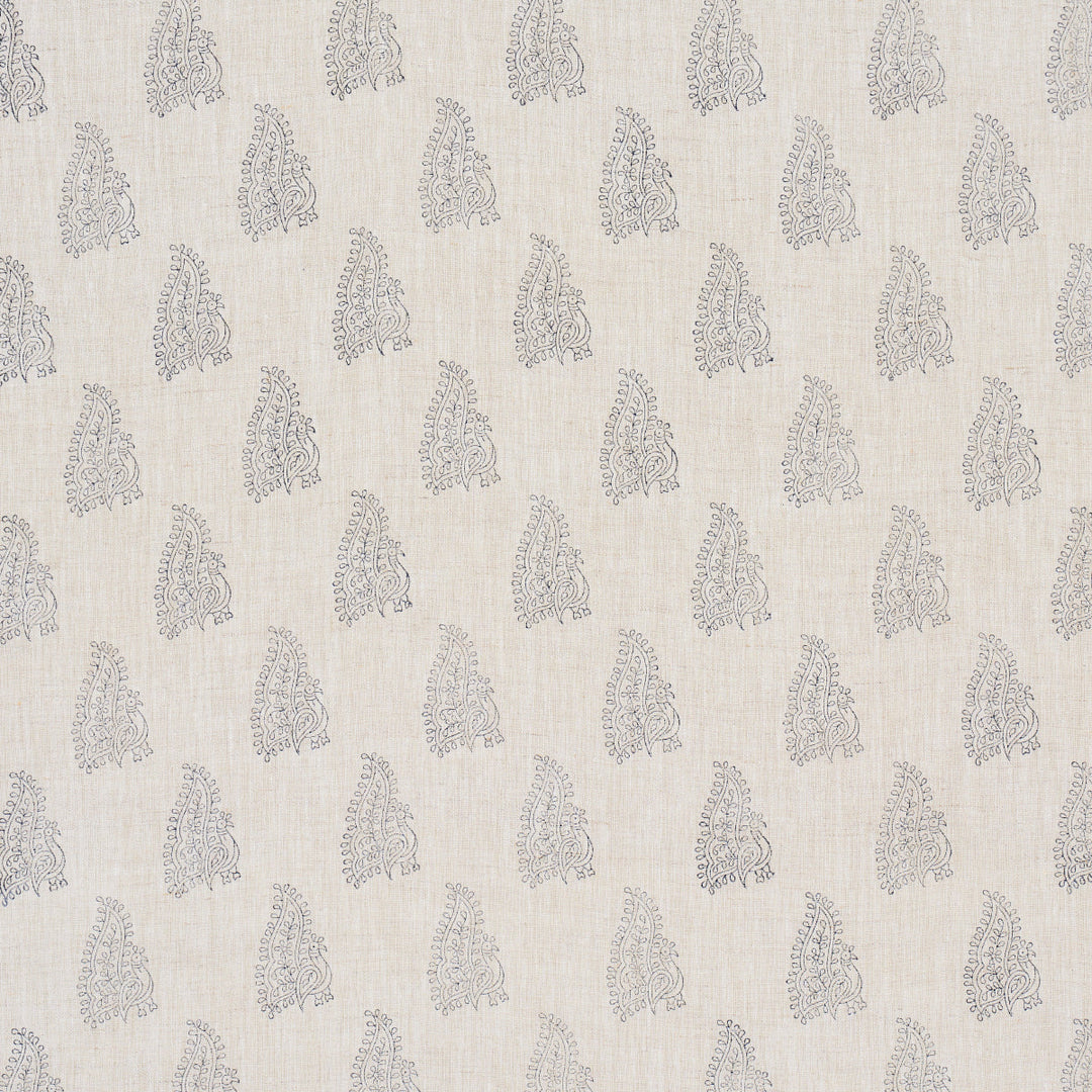 Peacock Linen Hand Blocked Print - Navy & Flax by Schumacher Fabric