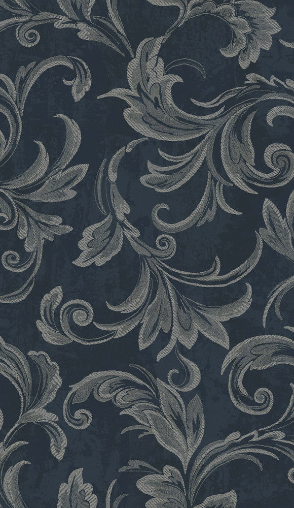 Scroll Navy, Silver, and Gray by Seabrook Wallpaper Aura Netherlands 56.05 36" 20.5" - Fabric Carolina -