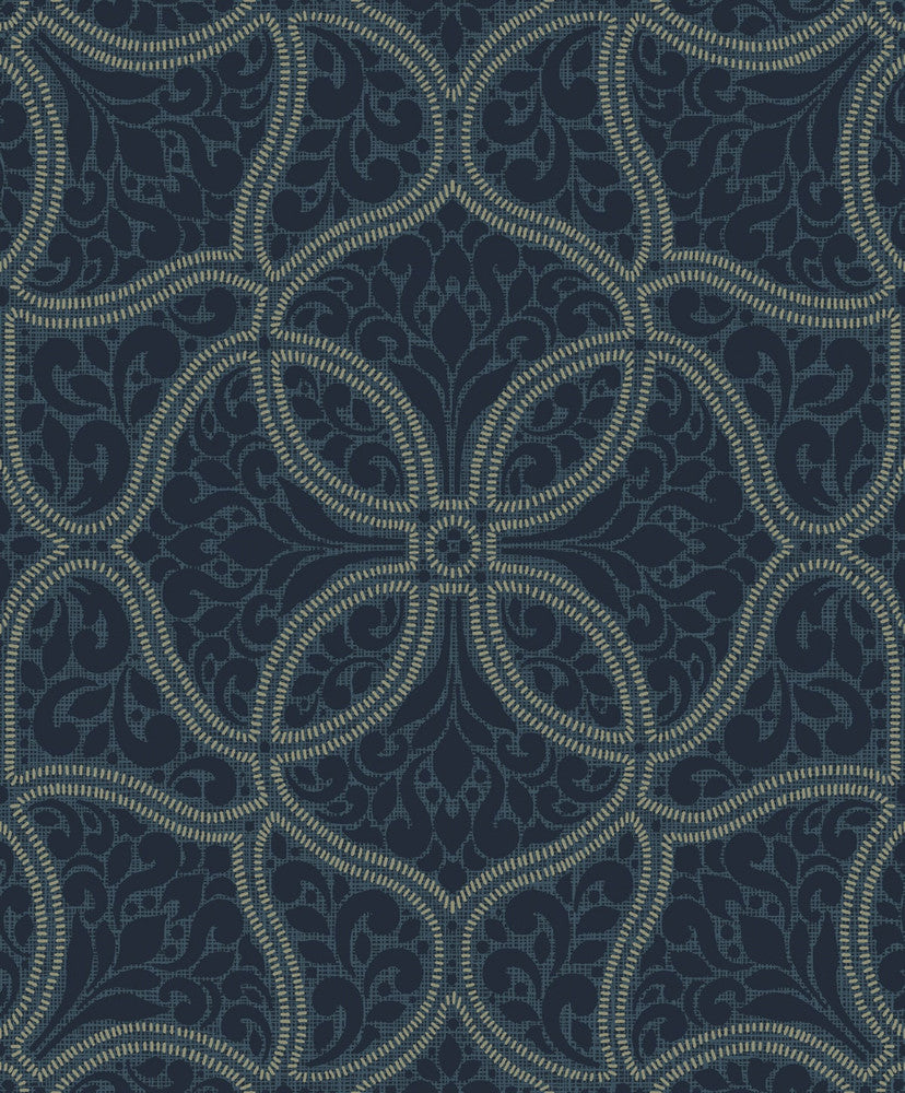Scroll Trail Navy and Silver by Seabrook Wallpaper Aura Netherlands 56.05 25.2" 20.5" - Fabric Carolina -