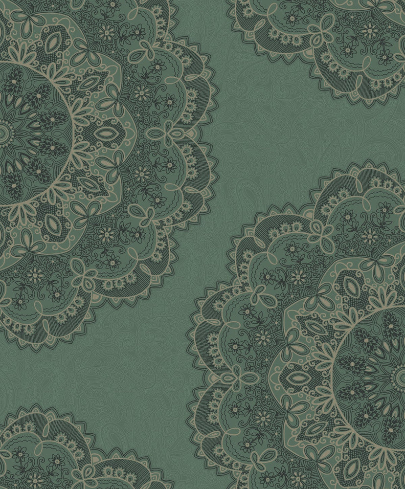 Lace Medallion Sea Green, Beige, and Ebony by Seabrook Wallpaper Aura Netherlands 56.05 25.2" 20.5" - Fabric Carolina -