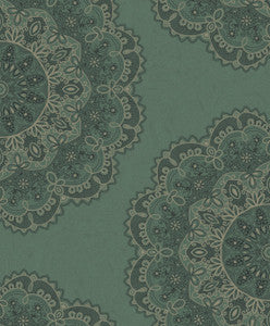 Lace Medallion Sea Green, Beige, and Ebony by Seabrook Wallpaper