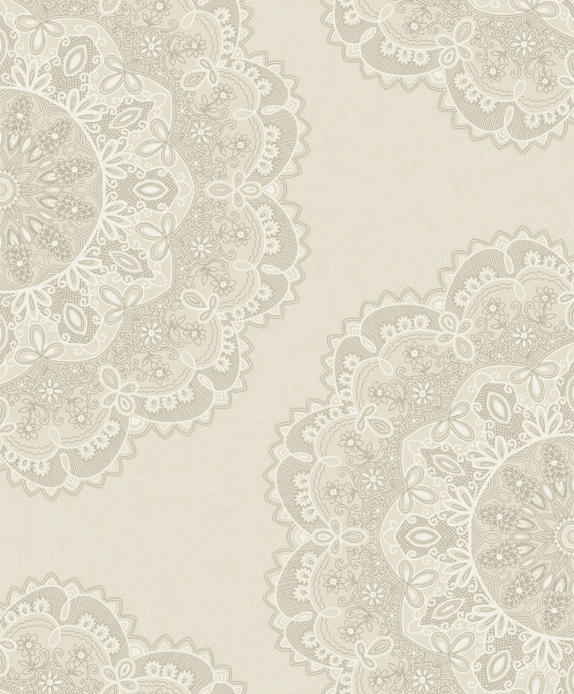 Lace Medallion Cream, Silver, and White by Seabrook Wallpaper Aura Netherlands 56.05 25.2" 20.5" - Fabric Carolina -